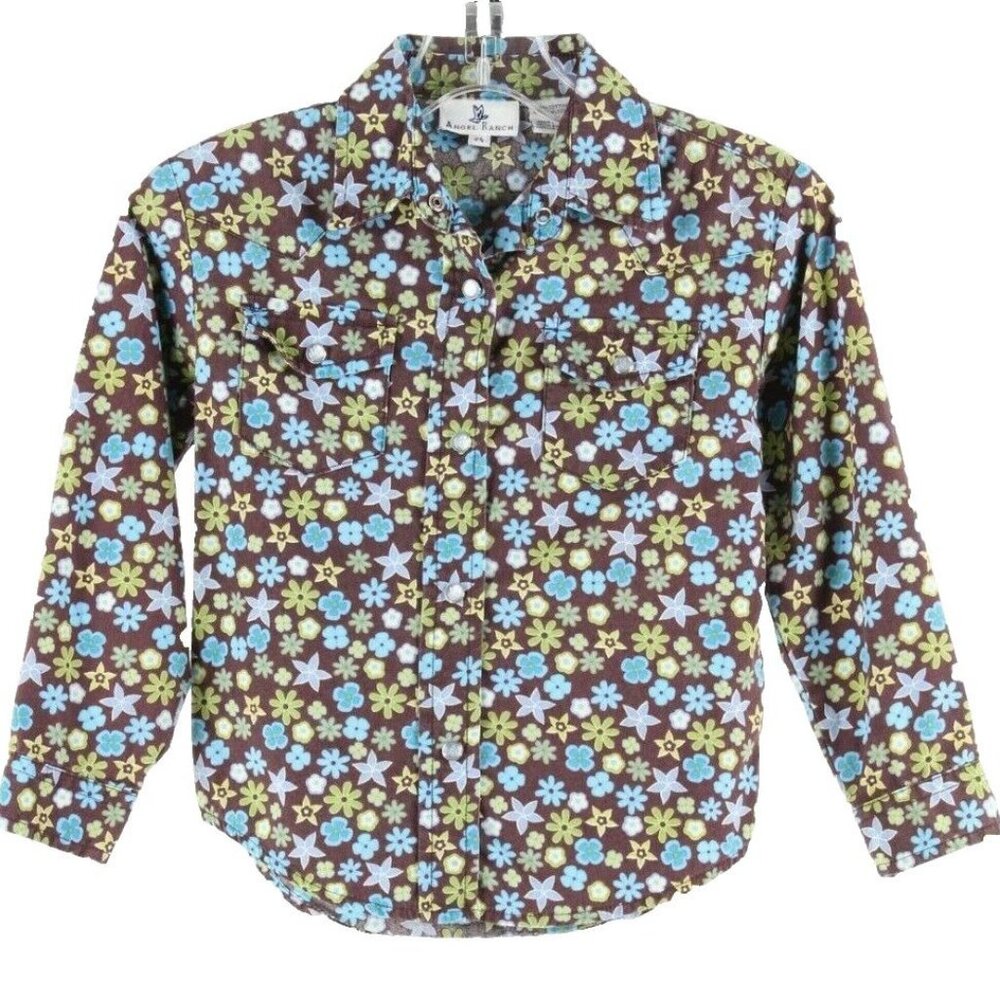 Angel Ranch Sz XS 4-5 Girls Brown Multi Floral Button Front 100% Cotton Top